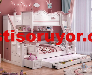 Amortisörlü tabure sünger ve file döşemeli 19 Ahşap kombine kızlar için çocuk odası ranzası! Altı çekmeli bazalı